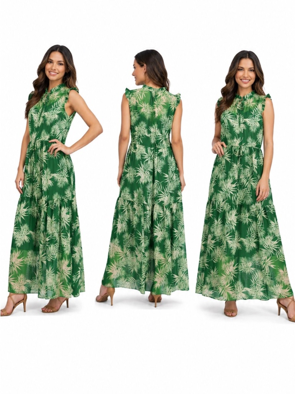 Julia Jordan Tiered Drawstring Green & Ivory Dress - Size 8